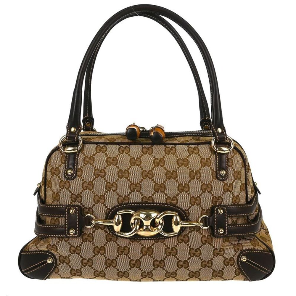 Gucci Bamboo Horsebit Leather Brown Canvas Shoulder Bag Bag